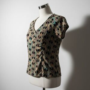 Susan Lawrence Geometric Print Short-Sleeve Blouse in Black, Tan, Teal